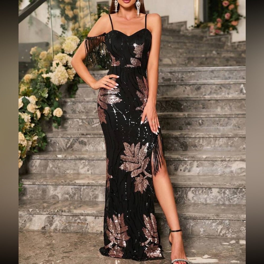 Glamorous Black and Gold Sequin Wedding Dress